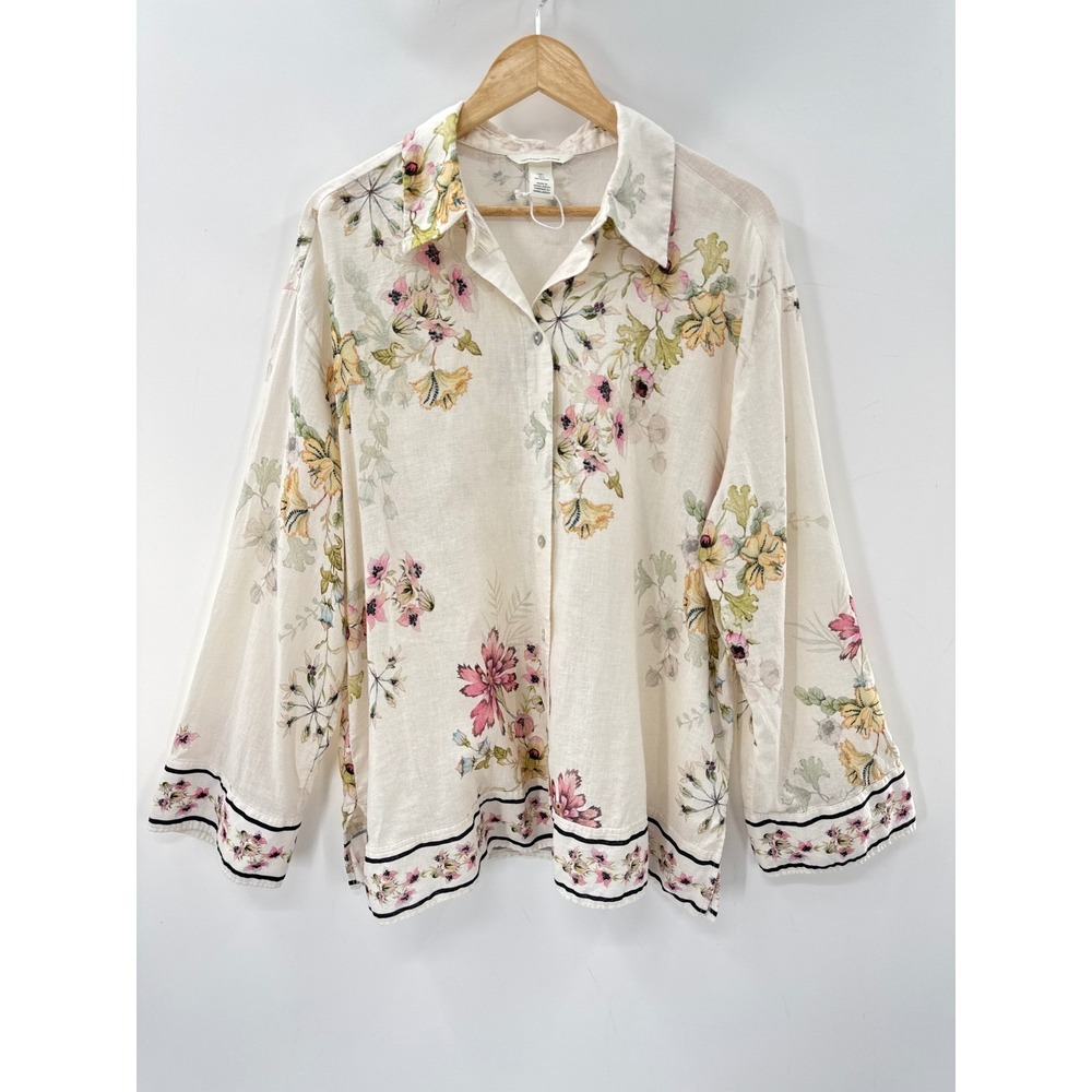 Floral Linen Blend Blouse H&M L Botanical Border Print Button Down Shabby Chic